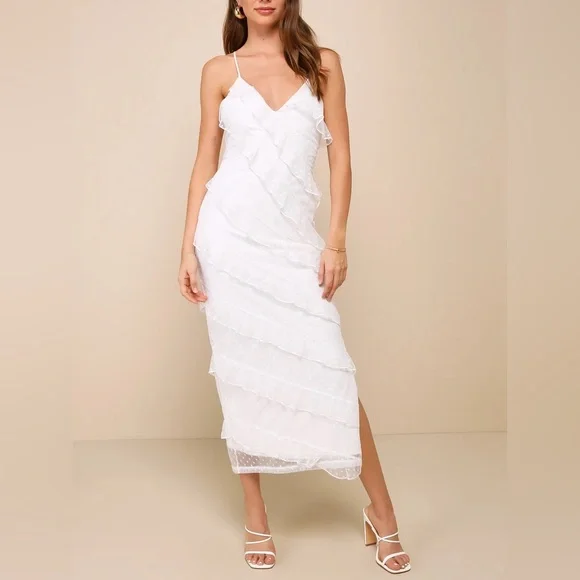 NWT More Than Gorgeous White Mesh Ruffled Swiss Dot Midi Dress
